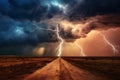 dark dramatic stormy sky with lightning and cumulus clouds over ground road in plain for abstract background