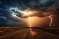 dark dramatic stormy sky with lightning and cumulus clouds over ground road in plain for abstract background Royalty Free Stock Photo