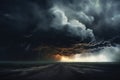 dark dramatic stormy sky with lightning and cumulus clouds over ground road in plain for abstract background Royalty Free Stock Photo