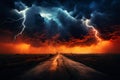 dark dramatic stormy sky with lightning and cumulus clouds over old road for abstract background Royalty Free Stock Photo