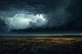 dark dramatic stormy sky with lightning and cumulus clouds over plain for abstract background