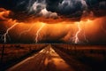 dark dramatic stormy sky with lightning and cumulus clouds over road in the field for abstract background Royalty Free Stock Photo