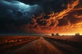 dark dramatic stormy sky with lightning and cumulus clouds over road in the field for abstract background Royalty Free Stock Photo