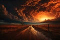 dark dramatic stormy sky with lightning and cumulus clouds over road in the field for abstract background Royalty Free Stock Photo