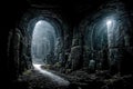 Dark dungeon catacomb underground tunnel spectacular halloween 3D illustration