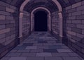 Dark Dungeon. Long medieval castle corridor with torches. Interior of ancient Palace with stone arch. Vector
