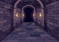 Dark Dungeon. Long medieval castle corridor with torches. Interior of ancient Palace with stone arch. Vector