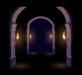 Dark Dungeon. Long medieval castle corridor with torches. Interior of ancient Palace with stone arch. Vector