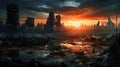 dark dystopian city metropolis in the sunset