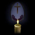 Dark easter composition with the silhouette of a white egg with a cross and hands, a burning candle with dull smoke Royalty Free Stock Photo