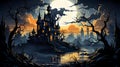 Dark eerie castle on the lakeside illuminated by moonlight. AI-generated.