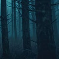 a dark and eerie forest with trees in the background