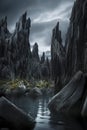 A dark and eerie landscape features jagged rocks and a still body of water, under a cloudy sky, creating an ominous mood, ai