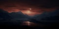 Dark eerie landscape featuring the mountains and valley during a lunar eclipse. AI-generated.