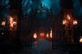A dark, eerie scene with a gate that is lit up with fire Royalty Free Stock Photo