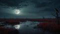 Dark eerie swamp with crows and ravens, under the moonlight. Frightening and horror concept. Halloween idea.
