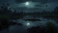 Dark eerie swamp with crows and ravens, under the moonlight. Frightening and horror concept. Halloween idea.