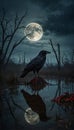 Dark eerie swamp with crows and ravens, under the moonlight. Frightening and horror concept. Halloween idea.