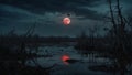 Dark eerie swamp with crows and ravens, under the moonlight. Frightening and horror concept. Halloween idea.
