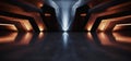Dark Electric Orange Blue White Lights Sci Fi Futuristic Cement Concrete Tunnel Corridor Spaceship Showroom Studio Garage Hallway