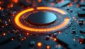 Dark electronic circuit board features bright orange glowing lights in central circular pattern. Illuminated chip represents Royalty Free Stock Photo