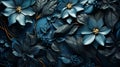 Dark and elegant intricate blue flowers blossom on black background