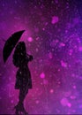 Dark elegant woman silhouette with umbrella on purple background with boke and rain Royalty Free Stock Photo