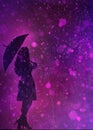 Dark elegant woman silhouette with umbrella on purple background with boke and rain Royalty Free Stock Photo