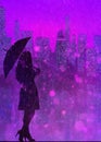 Dark elegant woman silhouette with umbrella on purple city background with neon with boke and rain Royalty Free Stock Photo