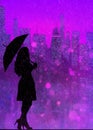 Dark elegant woman silhouette with umbrella on purple city background with neon with boke and rain Royalty Free Stock Photo