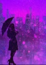 Dark elegant woman silhouette with umbrella on purple city background with neon with boke and rain Royalty Free Stock Photo