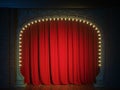 Dark empty cabaret or comedy club stage with red curtain and art nuovo arch. 3d render Royalty Free Stock Photo