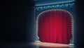Dark empty cabaret or comedy club stage with red curtain and art nuovo arch. 3d render