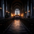 a dark empty church with pews and candles