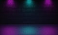 Dark empty room made from brick with violet and blue color spotlight background. Cyberpunk style and theater stage concept. Royalty Free Stock Photo