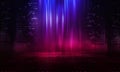 Abstract futuristic neon background. Searchlight light, wet asphalt, smoke, night view, rays.
