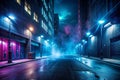 A dark empty street, dark blue background, an empty dark scene, neon light, spotlights The asphalt floor and studio room with Royalty Free Stock Photo