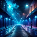 A dark empty street, dark blue background, an empty dark scene, neon light, spotlights The asphalt floor and studio room with Royalty Free Stock Photo