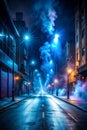 A dark empty street, dark blue background, an empty dark scene, neon light, spotlights The asphalt floor and studio room with Royalty Free Stock Photo