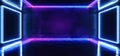 Dark Empty Virtual Vibrant Fluorescent Neon Glowing Purple Blue Rectangle Frame Shaped Laser Lights Reflection Grunge Concrete