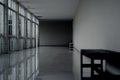 Dark empty walkway in building hall perspective with long white