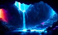 A dark enchanting colourful underground cave with waterfall and dark flashes of sizzling light