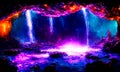 A dark enchanting colourful underground cave with waterfall and dark flashes of sizzling light