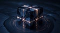 Dark Enigmatic Cube with Exploding Golden Light & Cosmic Energy on Textured Surface Royalty Free Stock Photo