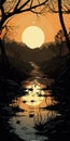Haunting Shadows: A Romantic Riverscape Illustration Of Sunset In The Wild Nature With Bugcore And Chilling Creatures