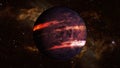 Dark exo planet with clubs of the atmosphere and lava stripes in outer space. Royalty Free Stock Photo