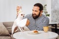 Dark-eyed mature man feeling great love for pets