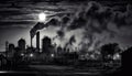 Dark factory emits smoke, polluting nature with fossil fuel fumes generated by AI