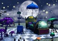 Dark fairytale scene of a bed, an umbrella, a magical vault, mushrooms, and candles.