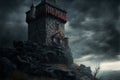 Dark fantasy ancient fortress castle tower in melancholic landscape with Royalty Free Stock Photo